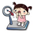 여자 아이가 저울 위에 올라서 체중을 재는 일러스트 &mdash; 비만 여부 판단 소개
