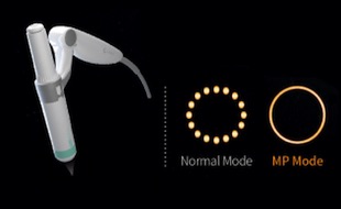 슈링크 유니버스 원타입(Ultra Booster Pen-type) 핸드피스 &mdash; 원형 헤드의 펜타입 핸드피스와 원형 Normal Mode&middot;MP Mode 조사 패턴 비교