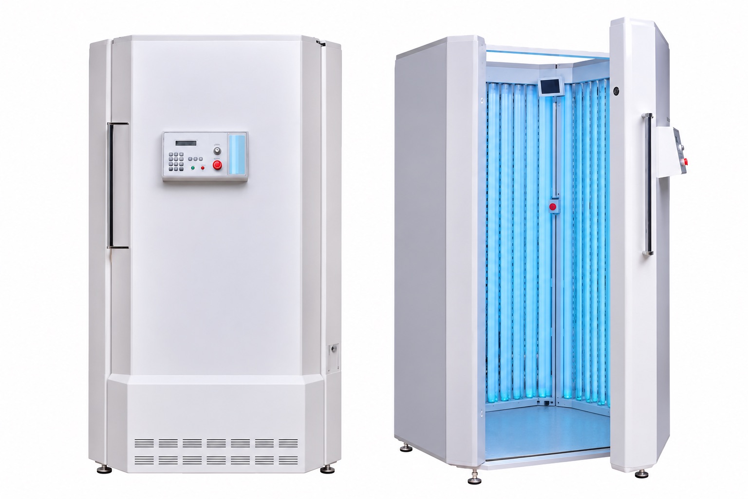 UV 8000 N-B 자외선치료기 장비 전경 &mdash; 닫힌 상태와 문이 열려 파란 UV 램프가 보이는 상태
